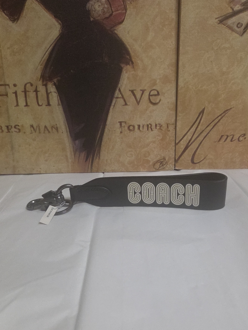Coach Black Leather Key Strap with White Logo